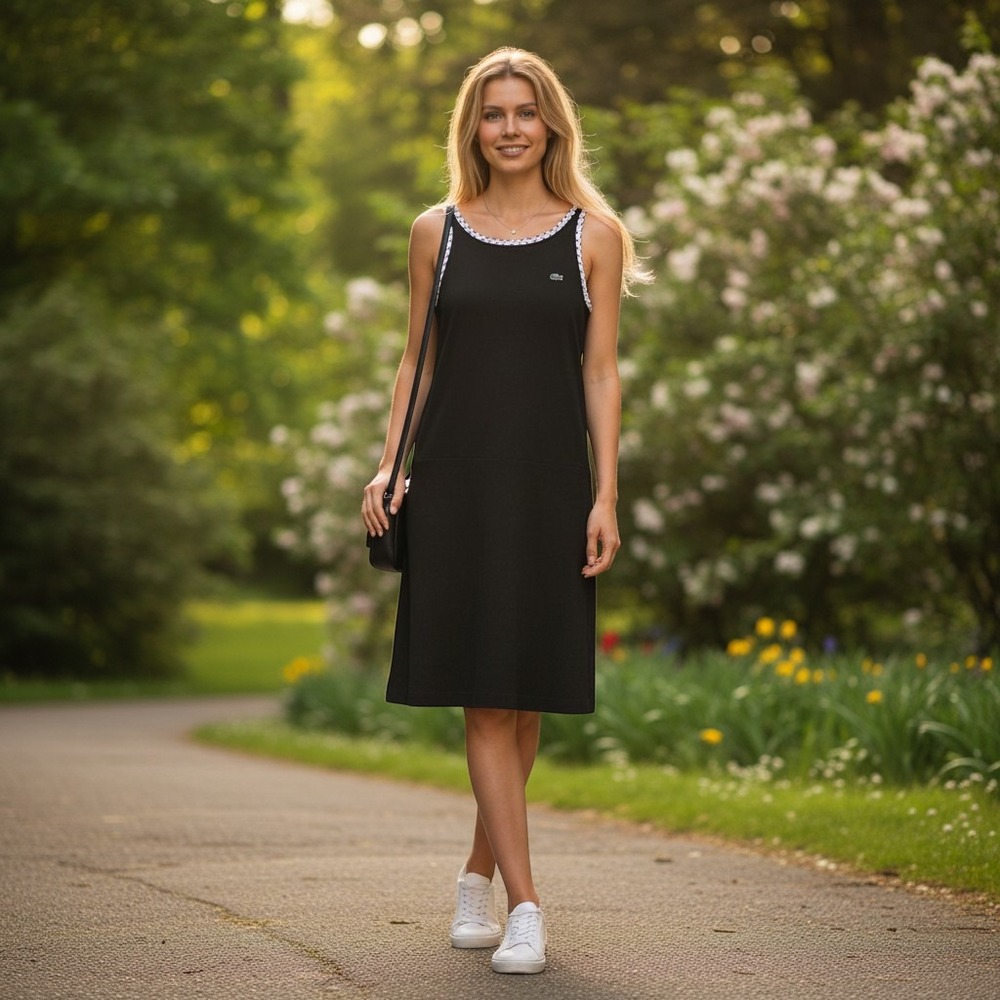 Lacoste Womens Black Pique Knit Sleeveless Dress Polka Dot Trim V-Back Size 40